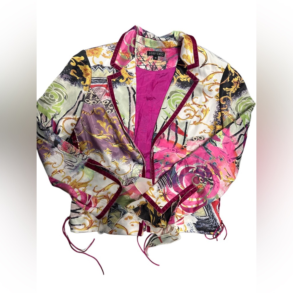 Boho Chic Pink Floral Blazer with pink lace up ties